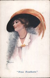 "Fine Feathers" - woman wearing large hat. Postcard