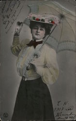 Lady in Flowery Hat and Umbrella Postcard