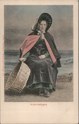 Scheveningen: Woman with Basket on Beach Hats Postcard Postcard Postcard