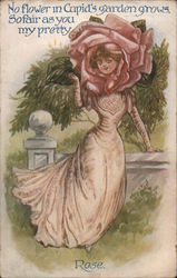 Woman with rose head cover. No flower in Cupid's garden grows. So fair as you my pretty Rose. Hats Postcard Postcard Postcard