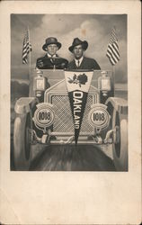 Father and son driving to victory. Postcard