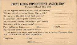 Point Lobos Improvement Association Organized March 12th, 1882- 48th Anniversary Response Request Postcard