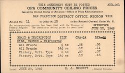 OPA Community Ceiling Prices San Francisco, CA Postcard Postcard Postcard