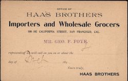 Office of Haas Brothers - Importers and Wholesale Grocers San Francisco, CA Postcard Postcard Postcard