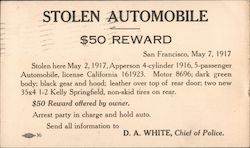 Apperson Stolen Automobile - $50 Reward San Francisco, CA Postcard Postcard Postcard