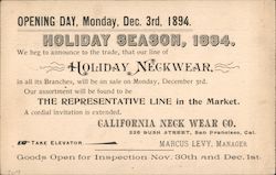 Opening Day Announcement, California Neck Wear Co. Postcard