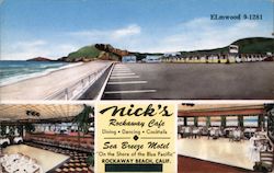 Nick's Rockaway Cafe. Sea Breeze Motel "On the Shore of the Blue Pacific" Postcard