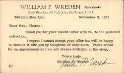 William P. Wreden : Rare Books Postcard