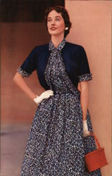 Woman In Navy Blue Print Dress Matching Sweater Purse San Francisco, CA Advertising Postcard Postcard Postcard