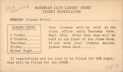 Bohemian Club Ladies' Night Ticket Reservation Postcard