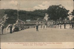 Naval Training School, Yerba Buena Island. Jackies at play. A three-legged race. Postcard