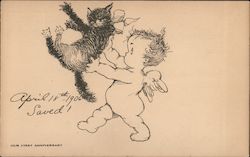 Drawing of Cupid Saving a Cat After the San Francisco Fire Postcard