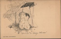 Cupid Couple Under Tarp in Rain: Raining - Who Cares? Postcard