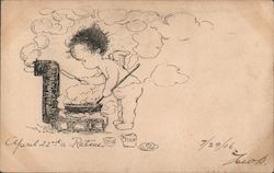 Drawing of Angel Cooking at Camp Stove Postcard