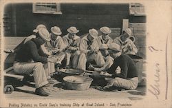 Peeling Potatos on Uncle Sam's Training Ship at Goat Island Postcard