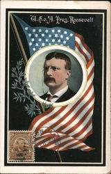 American Flag / Circular Portrait of Teddy Roosevelt Theodore Roosevelt Postcard Postcard Postcard