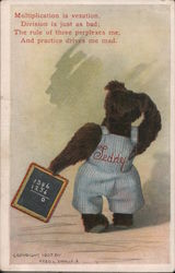 Card advertising Teddy Bear Day at Tammen's store, shows bear in overalls holding chalkboard Theodore Roosevelt Fred L. Cavally  Postcard