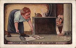 Puzzle - Find the Head of the House - A Man Hiding From a Woman Postcard