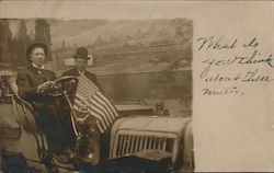 Two Men in Car, American Flag Postcard