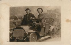 Two men posing in car in front of Cliff House Picture. San Francisco, CA Postcard Postcard Postcard