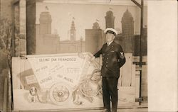 Man in front of sign highlighting the sights of San Francisco California Postcard Postcard Postcard