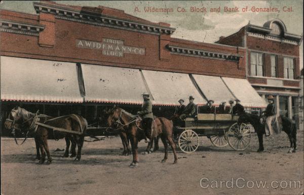 A. Widemann Co. Block and Bank of Gonzales California Postcard