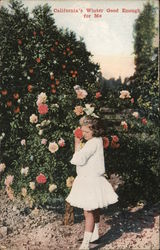 California's Winter Good Enough For Me Girl Standing by a Rose Bush Postcard Postcard Postcard