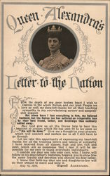 Queen Alexandra and a letter she wrote to the nation in 1910. Postcard