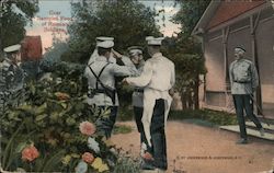 The Czar with his soldiers sampling food, while the Grand Duke Nicholas stands on the steps Royalty Postcard Postcard Postcard