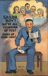 Sailor thinking of his family while he reads a card from them Postcard