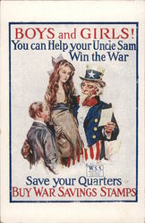 Rare, French: Uncle Sam, Children "Buy War Savings Stamps" Postcard