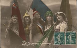 Five Women in Front of Different Country Flags World War I Postcard Postcard Postcard