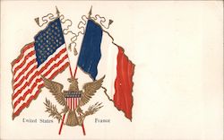 Flags of United States and France with Eagle and Shield Postcard