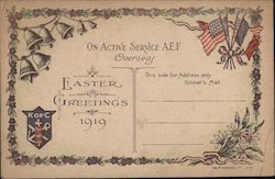 On active Service A.E.F. , overseas, US and French flags in corner, with Bells on the opsite corner Postcard