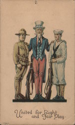 Uncle Sam standing between an army soldier and a navy soldier Postcard