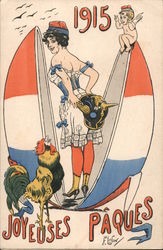 A Woman in an Egg Covered by the French Flag Propaganda Postcard Postcard Postcard