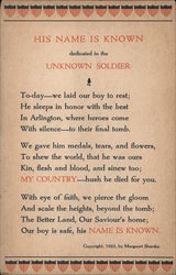 The Unknown Soldier "HIS NAME IS KNOWN" Postcard