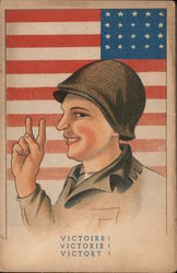 A military officer standing in front of the American flag holding up the victory sign Postcard