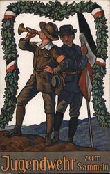 Two Men in Military Uniforms, One Playing the Bugle Postcard