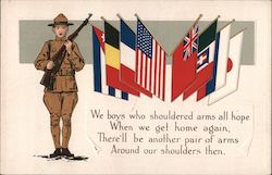 Military man holding a rifle with multiple countries flags. World War I Postcard Postcard Postcard