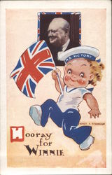 Hooray for Winnie Little boy holding flag in front of photo of Winston Churchill World War II Postcard Postcard Postcard