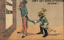 a foreign soldier is holding on to "Uncle Sam's" coat-tail while Sam looks at a poster. World War I Postcard Postcard Postcard