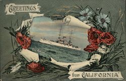 Greetings from California with picture of U.S.S. Alabama. Great White Fleet Postcard Postcard Postcard