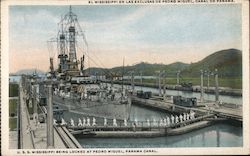 U.S.S. Mississippi Being Locked at Pedro Miguel, Panama Canal Postcard