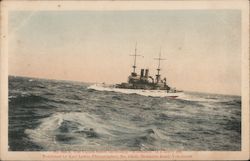 No. 005-A The United States battleship "Wisconsin" in a heavy sea. Published by Karl Lewis, Photographer, No. 136-D, Honmura Roa Postcard