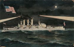 Battleship at Night with an American Flag Great White Fleet Postcard Postcard Postcard