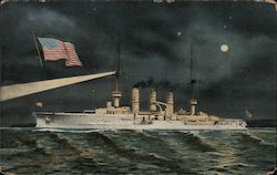 A Ship at Night with an American Flag Great White Fleet Postcard Postcard Postcard