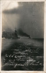 U.S.S. Delaware firing broadside. Spring Battle Practice Postcard