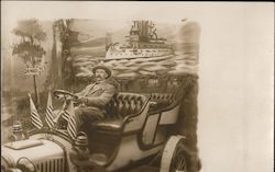 Man in Car, 24 Miles to SF, Battleship Backdrop Postcard