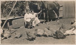 Two Women, Dog, Horse and Flock of Chickens Petaluma, CA Postcard Postcard Postcard